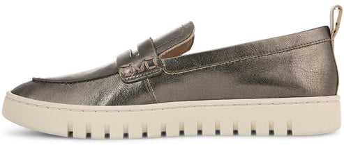 Metallic silver loafer with a white lug sole.