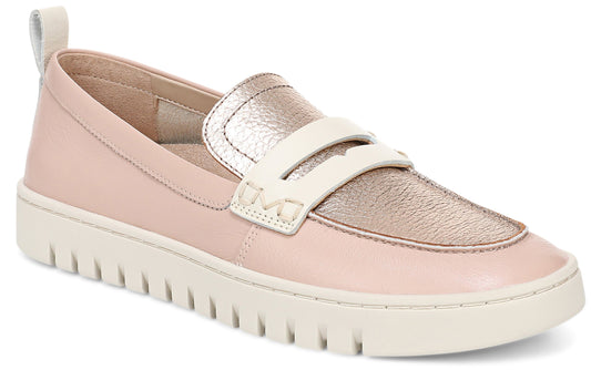 Pale pink loafer with off-white sole and metallic gold toe.