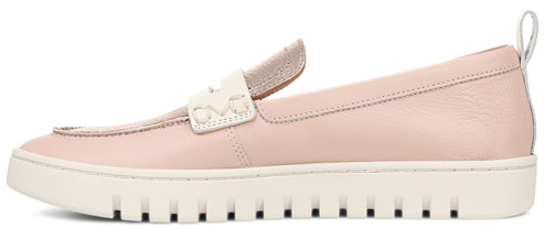 a pink leather slip-on shoe with a beige strap and a thick, white sole