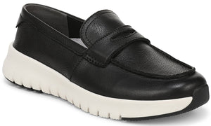 A black leather loafer with a thick, white athletic-style rubber sole.
