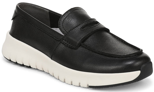A black leather loafer with a thick, white athletic-style rubber sole.