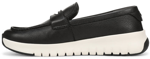 A black leather loafer with a thick, white, grooved rubber platform sole, viewed from the side.