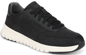 A black leather sneaker with a thick, textured white sole, black laces, and perforated detailing on the tongue, showing the word "Vionic" debossed on the side.