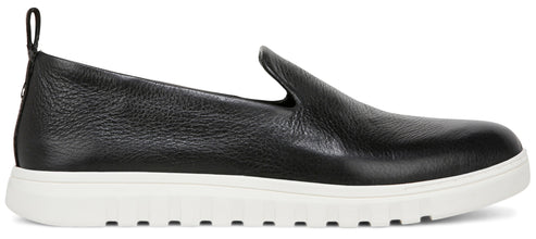 A black slip-on shoe with a white sole.