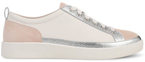 Low-top sneaker with pink and silver details.