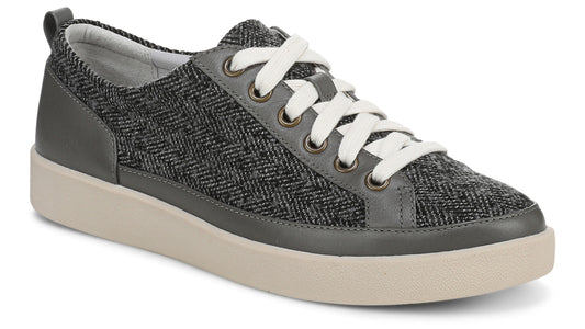 A gray herringbone sneaker with white laces and a light sole.