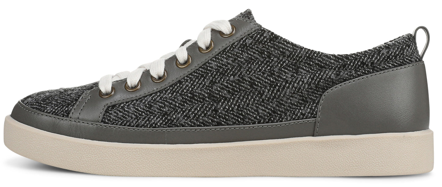 A grey tweed sneaker with white laces and a white sole.