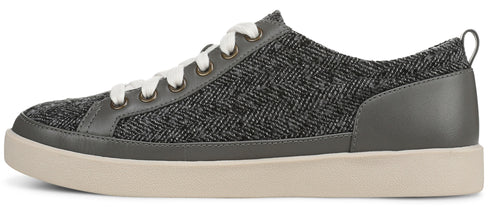 A grey tweed sneaker with white laces and a white sole.