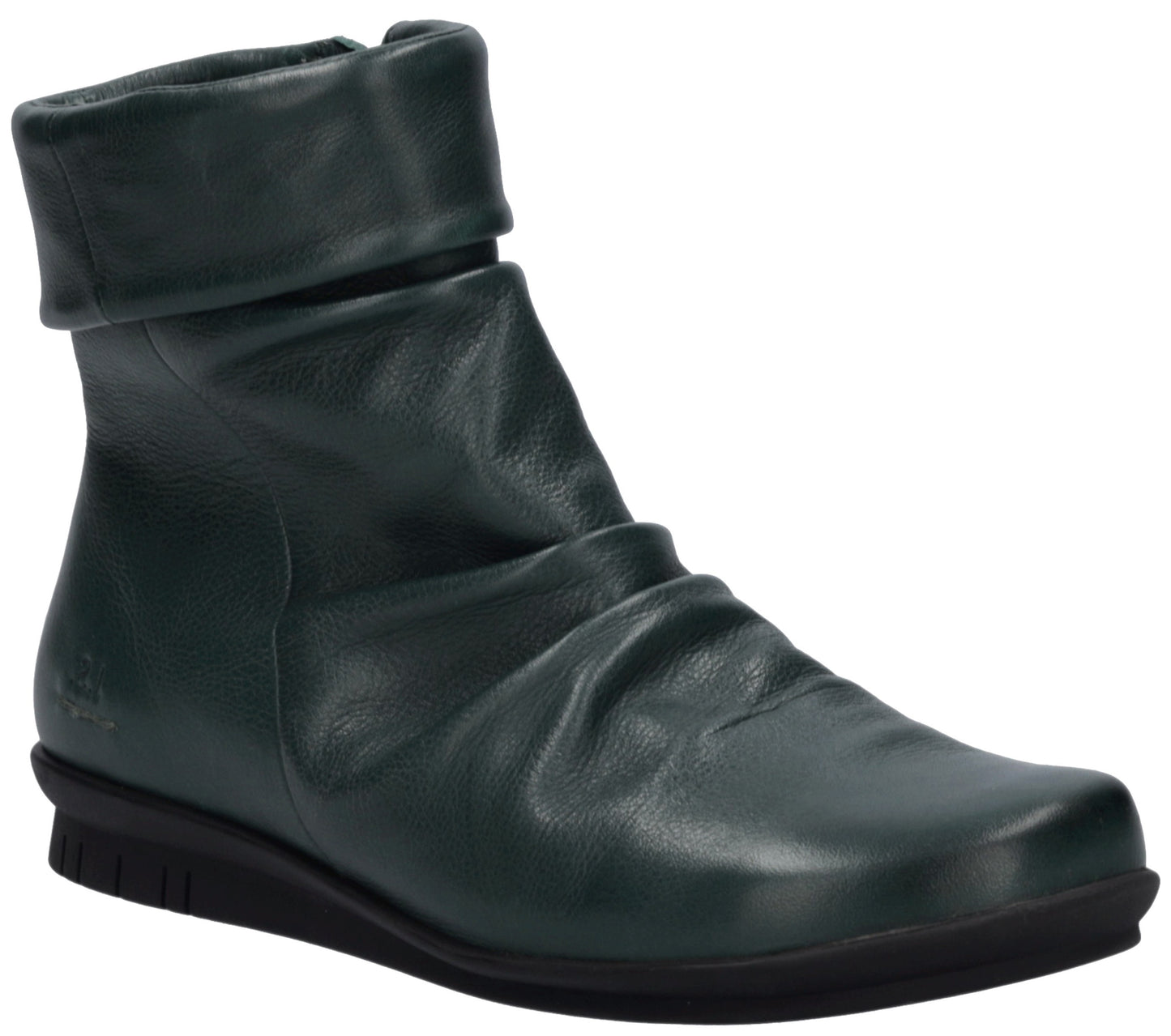 A dark green, slouchy leather ankle boot with a rounded toe, a folded-over cuff at the top, and a flat black sole.