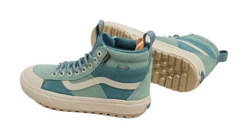 Teal, high-top sneaker with a white stripe and a lug sole.
