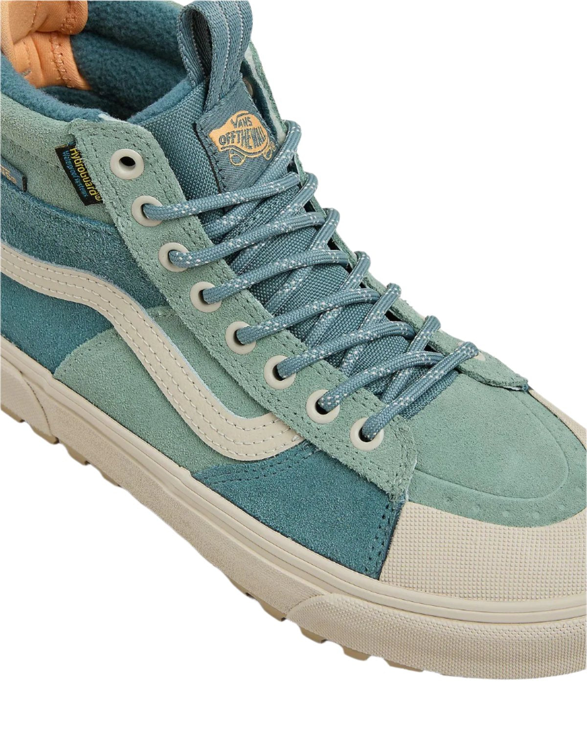 Turquoise and aqua high-top sneaker with off-white accents, suede and canvas textures, and patterned laces.
