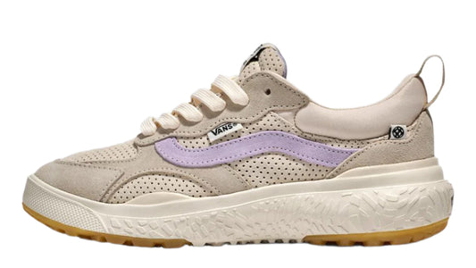A low profile beige sneaker with a pastel purple wave across the sides and a thick textured white sole.