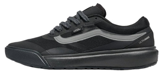 A black athletic shoe with thick soles and "VANS" printed on the side.