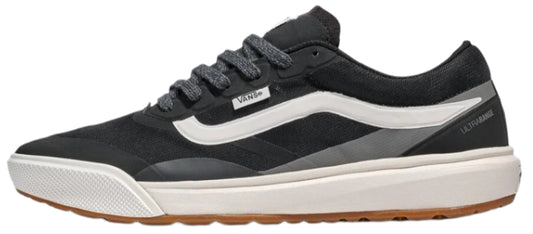 A black sneaker with white stripe and gray laces.