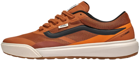 A brown low-top shoe with black accents and white midsole.