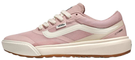 A pink sneaker with white laces and a white stripe.