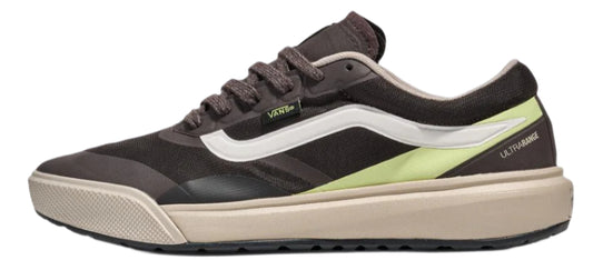 A brown Vans sneaker with a white stripe and light tan sole.