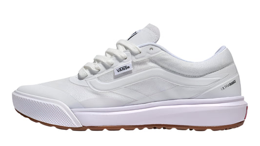 White canvas low-top sneaker with waffle sole, "VANS" logo tag near the laces, and "ULTRARANGE" text on the outer heel.
