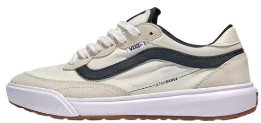 A low-top sneaker in off-white with a dark blue stripe on the side and white laces.