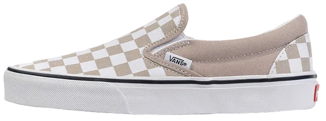 Beige and white checkered slip-on sneaker with white soles.