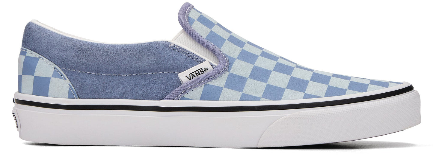 Slip-on shoe with a blue and light blue checkerboard pattern.