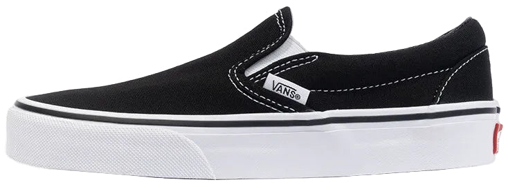A black slip-on canvas shoe with a thick white rubber sole, white stitching, and a small white brand tag on the side.