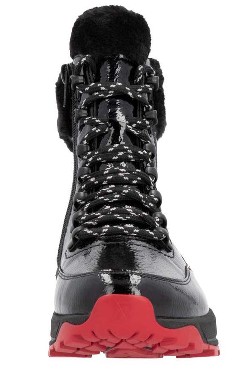 Black, high top boot with faux fur trim, red sole and patterned laces.