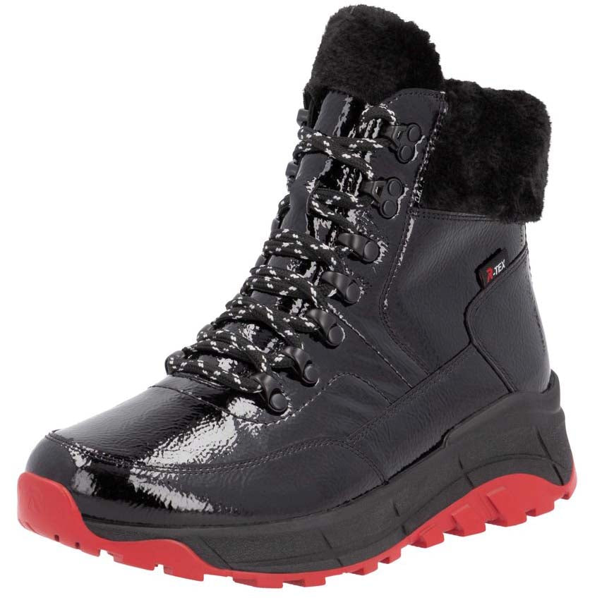 Black high-top boot with patent leather look, red sole, lace-up closure, and faux fur trim.