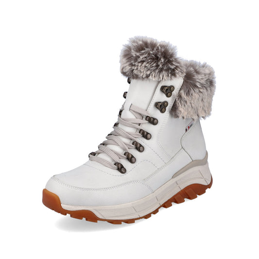 White lace-up boot with faux fur trim.