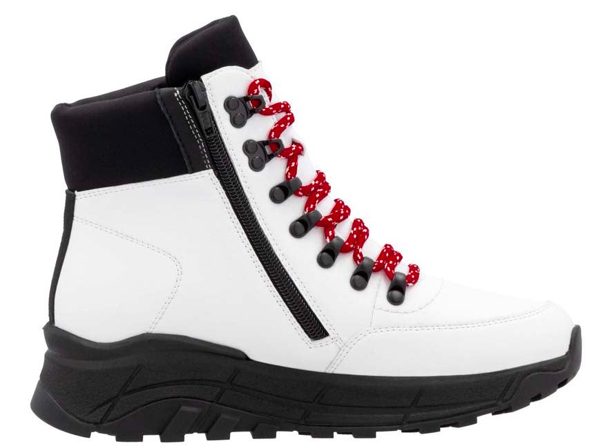 White high-top boot with red laces, black accent collar, and a zipper on the side.
