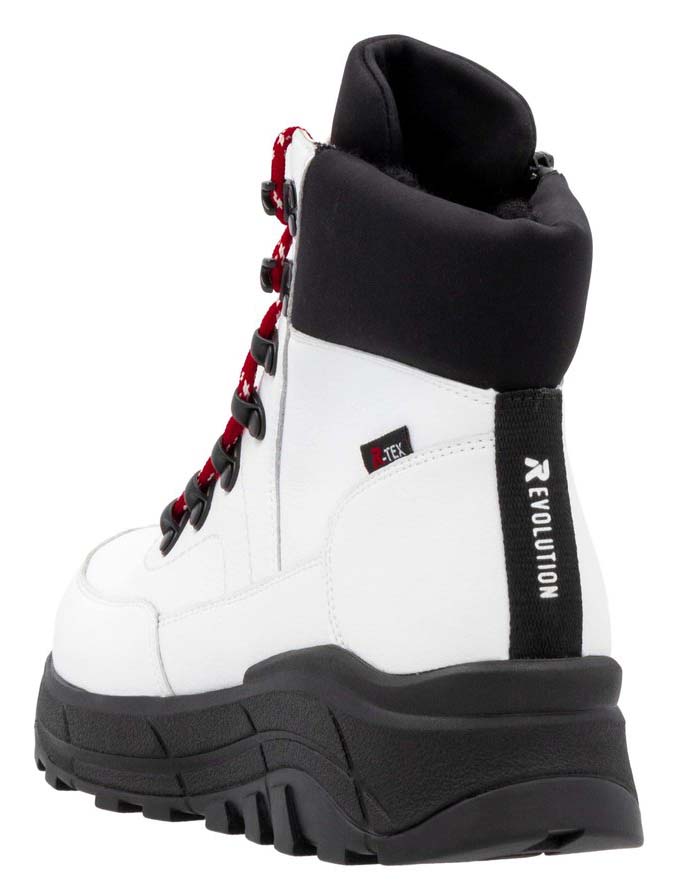 White and black high-top boot with red laces, thick black sole, and "REVOLUTION" text on the back.