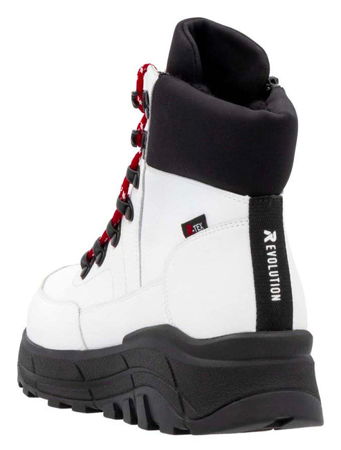 White and black high-top boot with red laces, thick black sole, and "REVOLUTION" text on the back.
