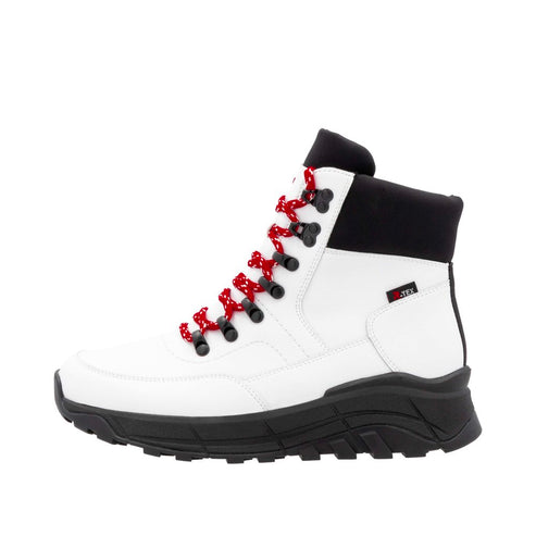 A white high-top boot with red and black patterned laces and a black sole and cuff.