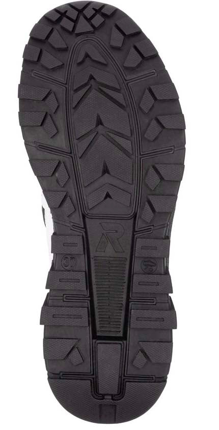 Black shoe sole with geometric tread patterns and a logo.
