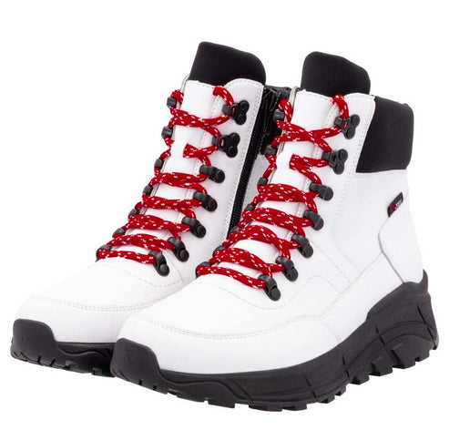 A pair of white ankle boots with red laces and black soles and collars.
