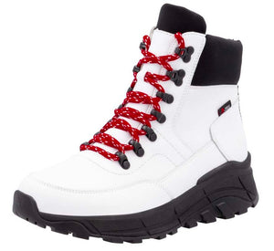 White high-top boot with red and white shoelaces, black padded collar and lug sole, and metal eyelets.