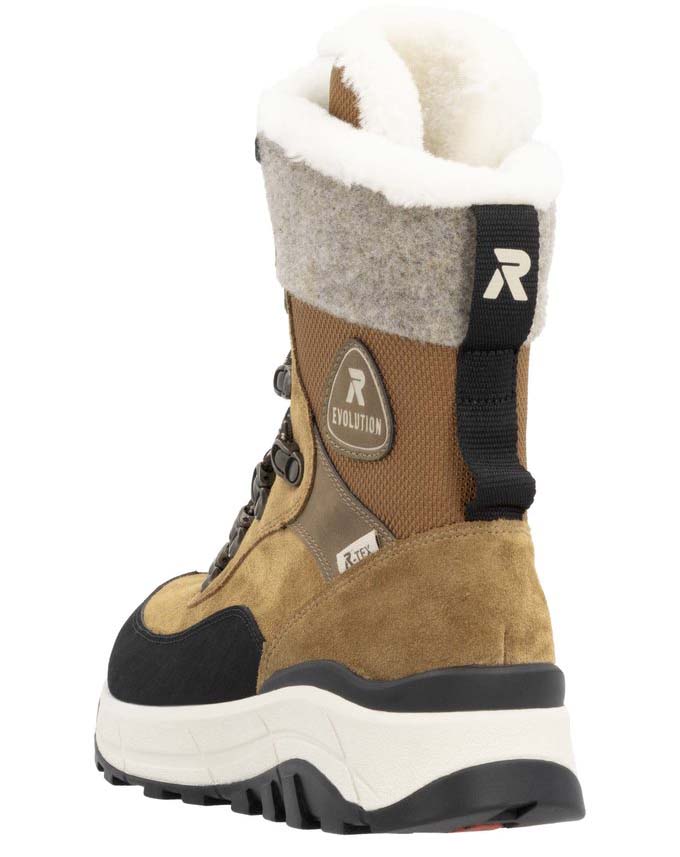 Tan-colored snow boot with white faux fur trim, black heel, white and black sole, a patch with "EVOLUTION", and "R" on heel.