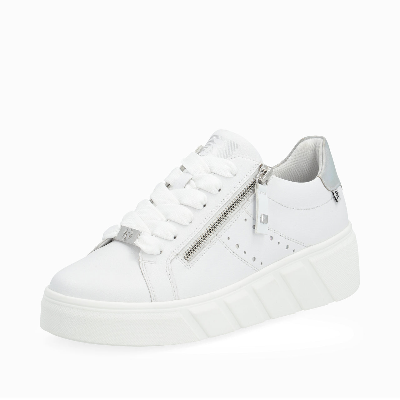 White sneaker with zipper detail and white laces.