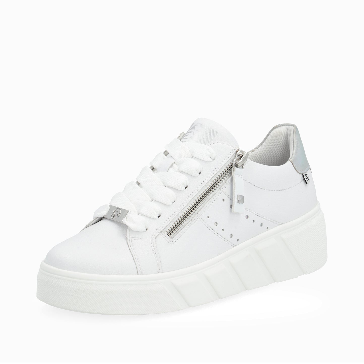 White sneaker with zipper detail and white laces.