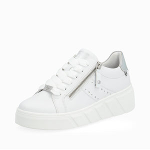 White sneaker with zipper detail and white laces.