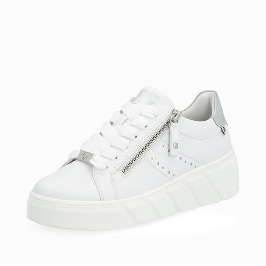 White sneaker with zipper detail and white laces.