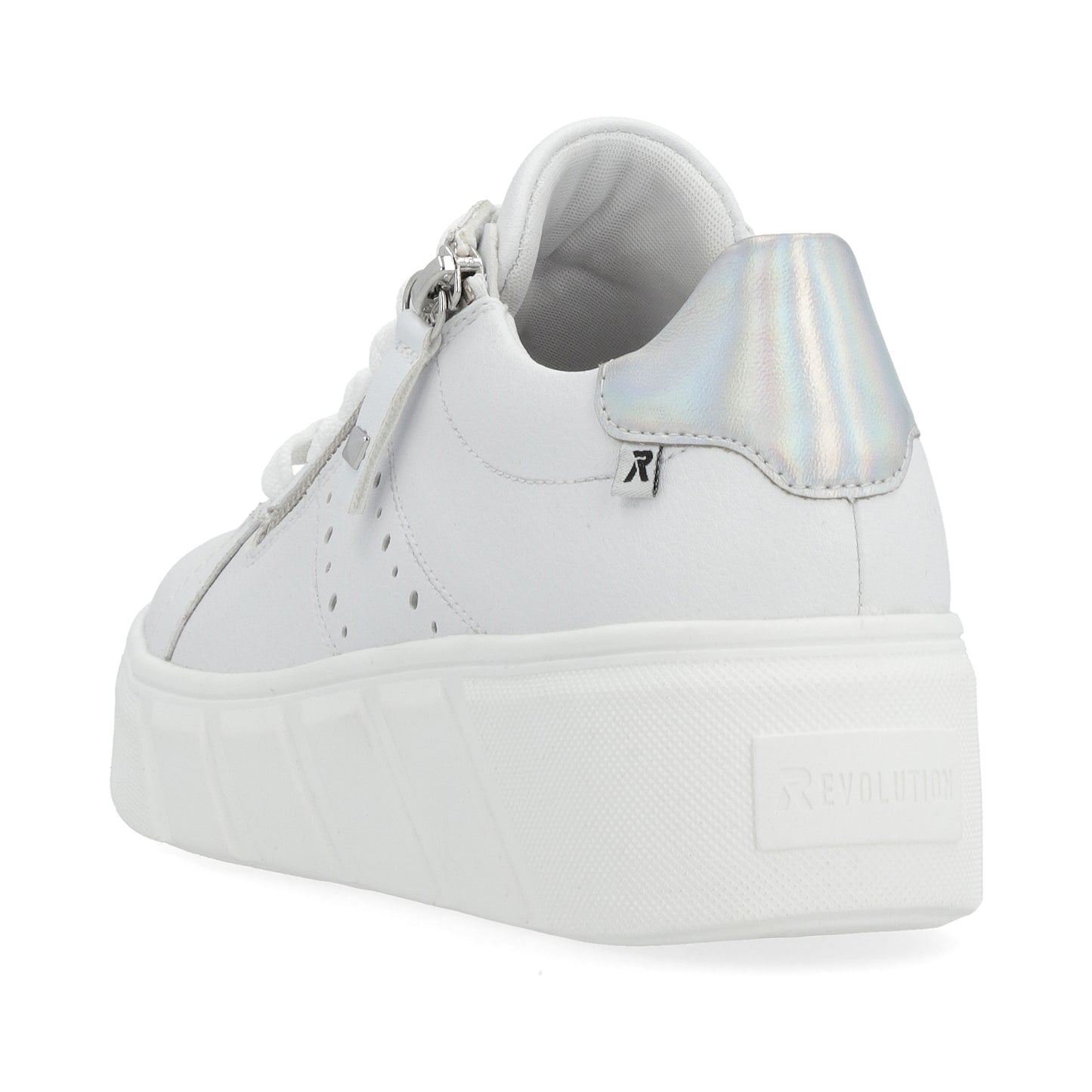White leather sneaker with a platform sole and a holographic silver heel.