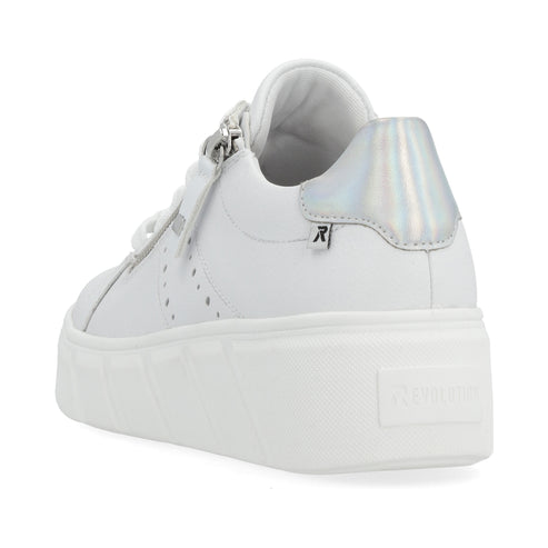 White leather sneaker with a platform sole and a holographic silver heel.