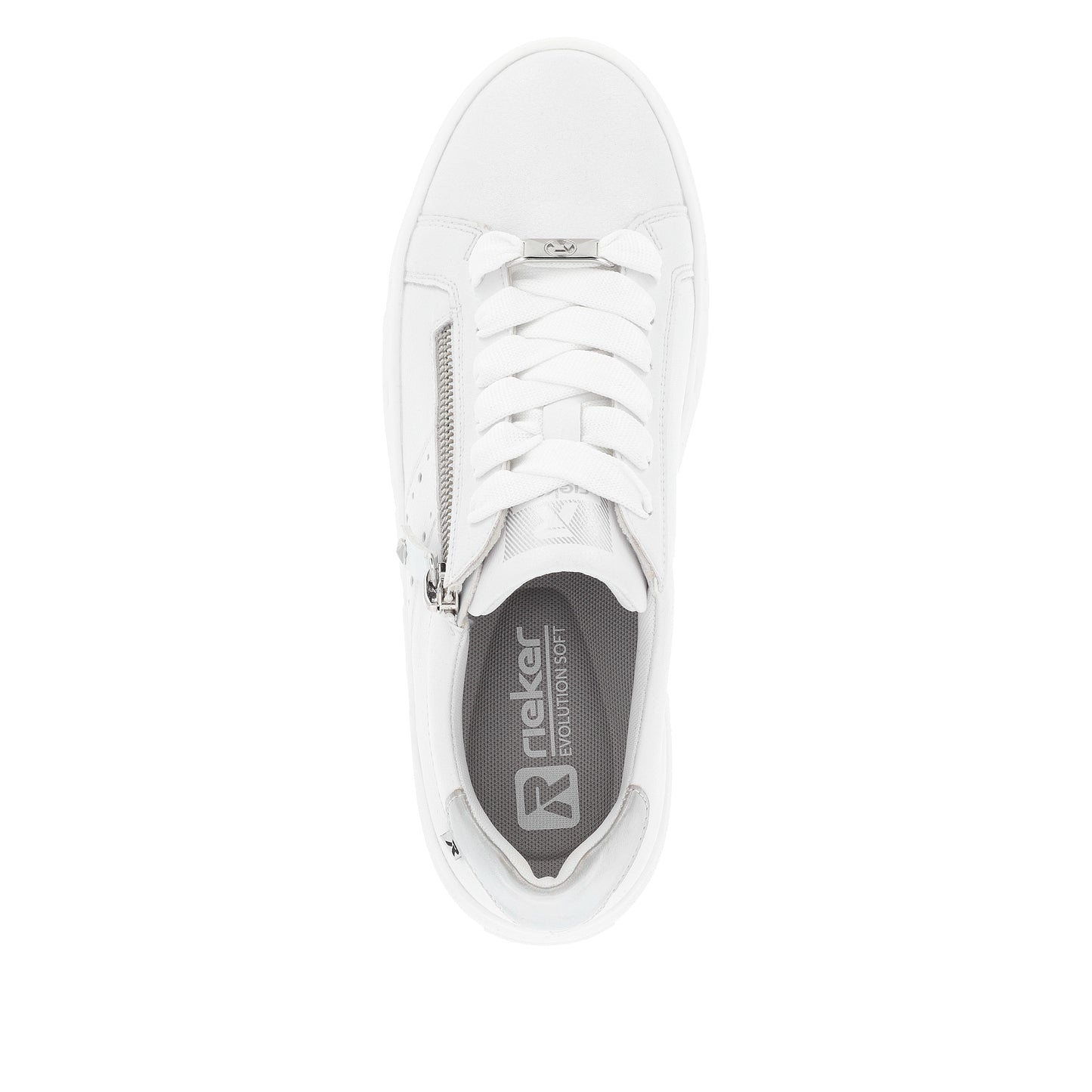 Top-down view of a white sneaker with white laces and a silver zipper, "rieker evolution soft" is visible on the inner sole.