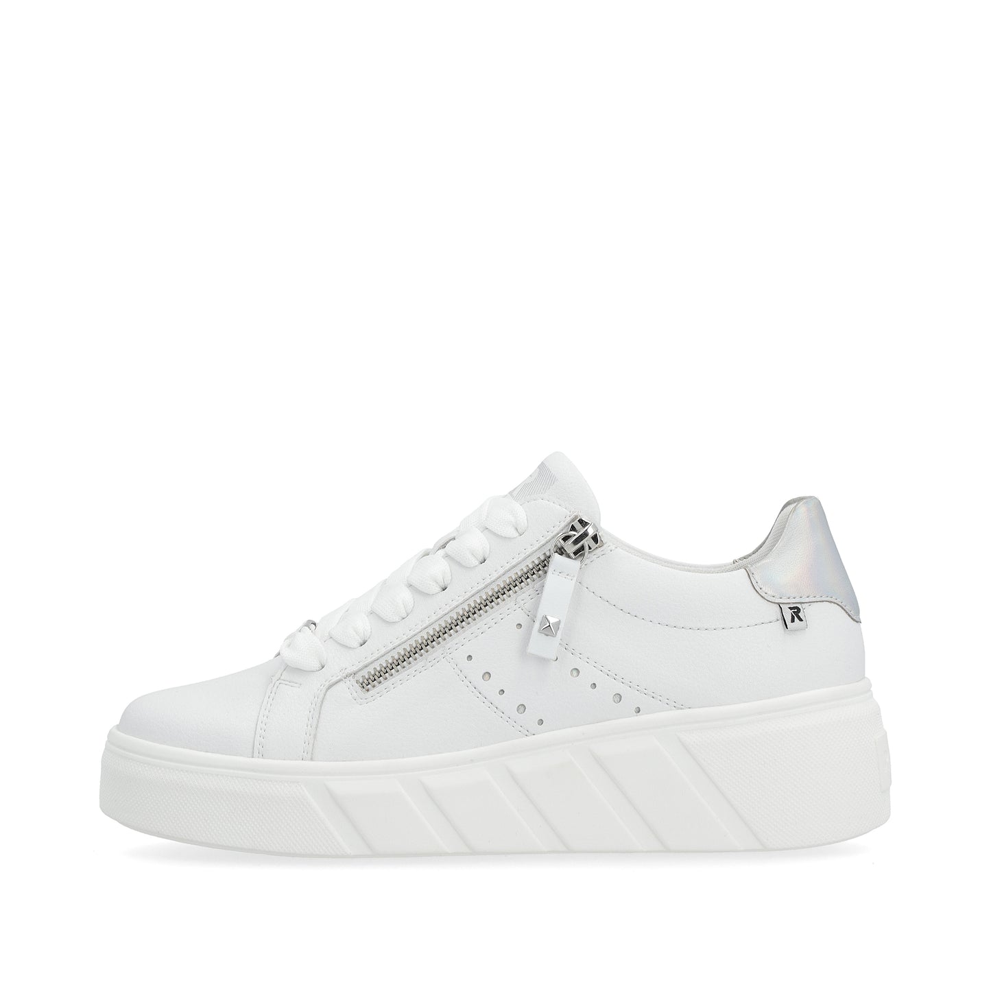 White women's fashion sneaker with a side zipper and silver heel accent.
