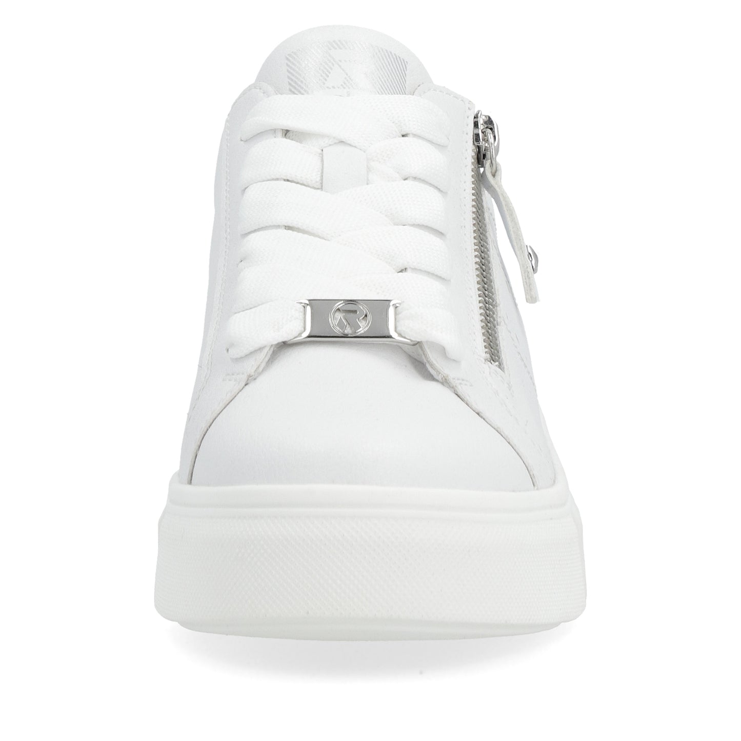 White sneaker with side zipper and white laces.