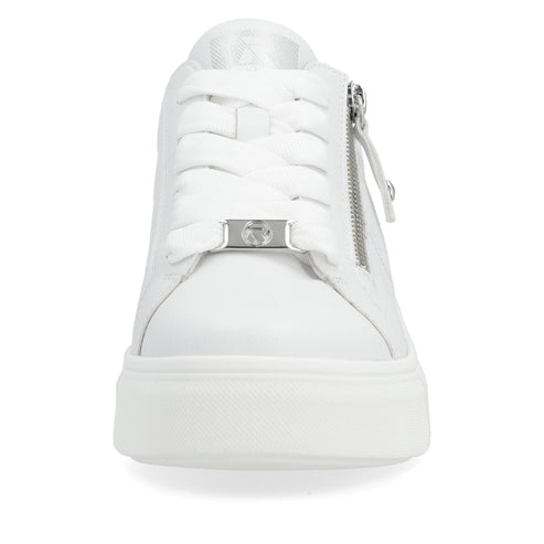 White sneaker with side zipper and white laces.