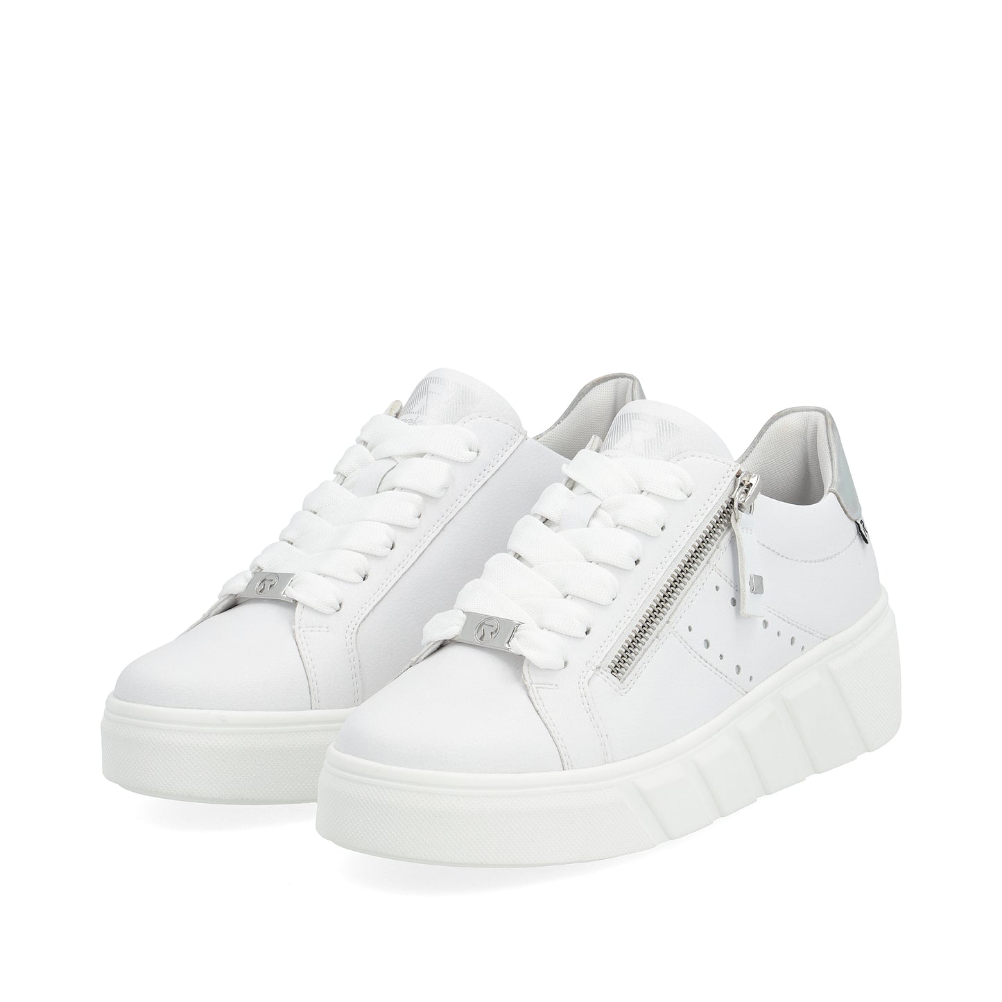 A pair of white sneakers with laces and side zippers, set on chunky platform soles.