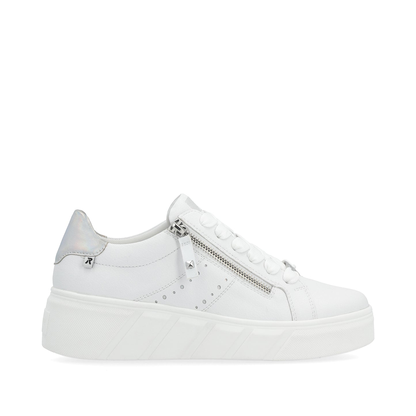 White sneaker with zipper detail.