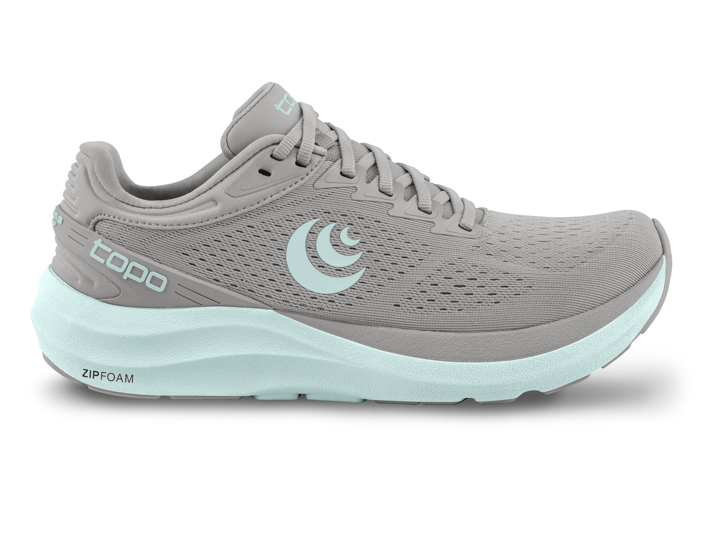 Grey running shoe with mint green sole and logo.